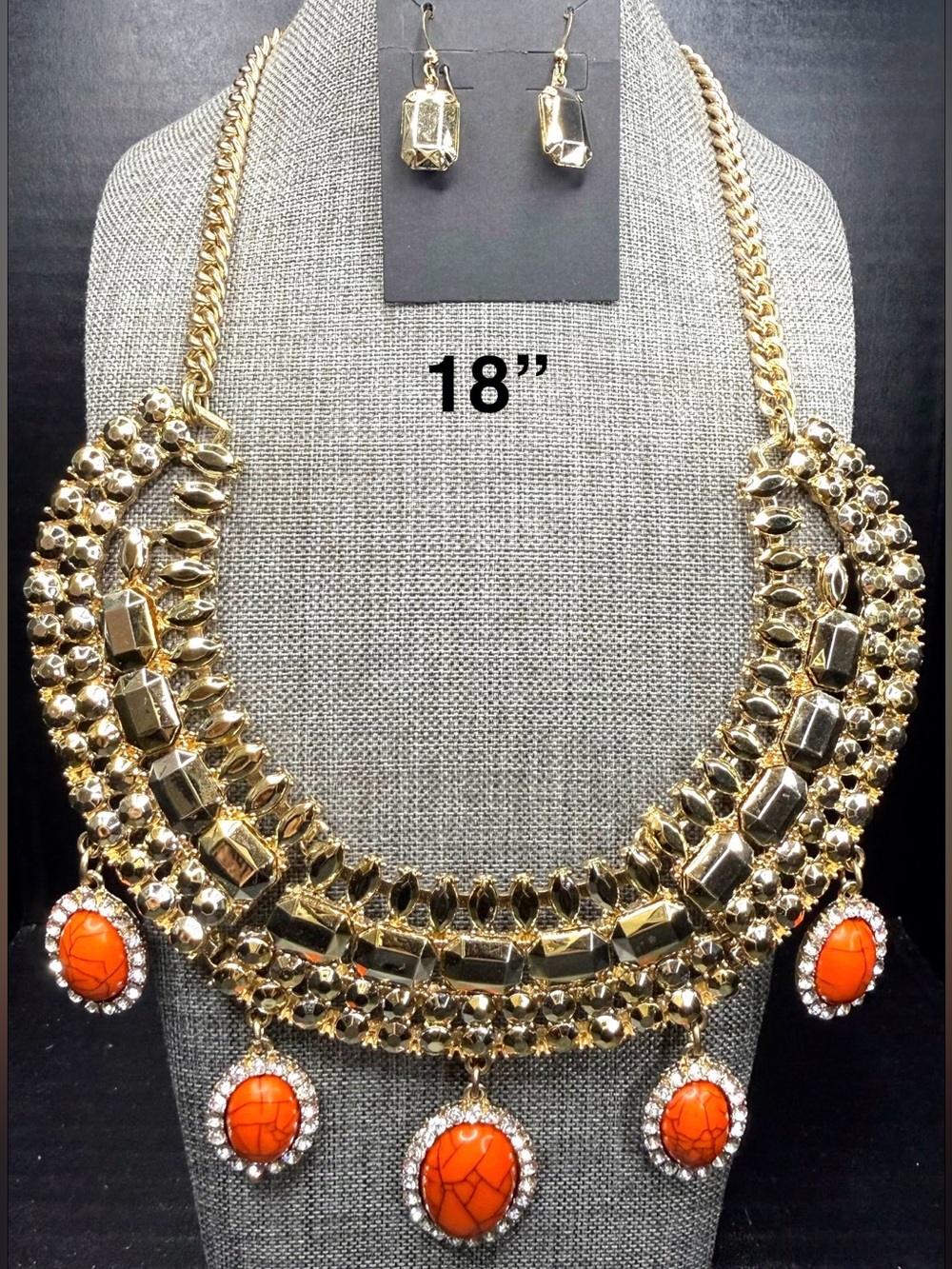 159. Gold Statement Necklace with Orange Stone Drops